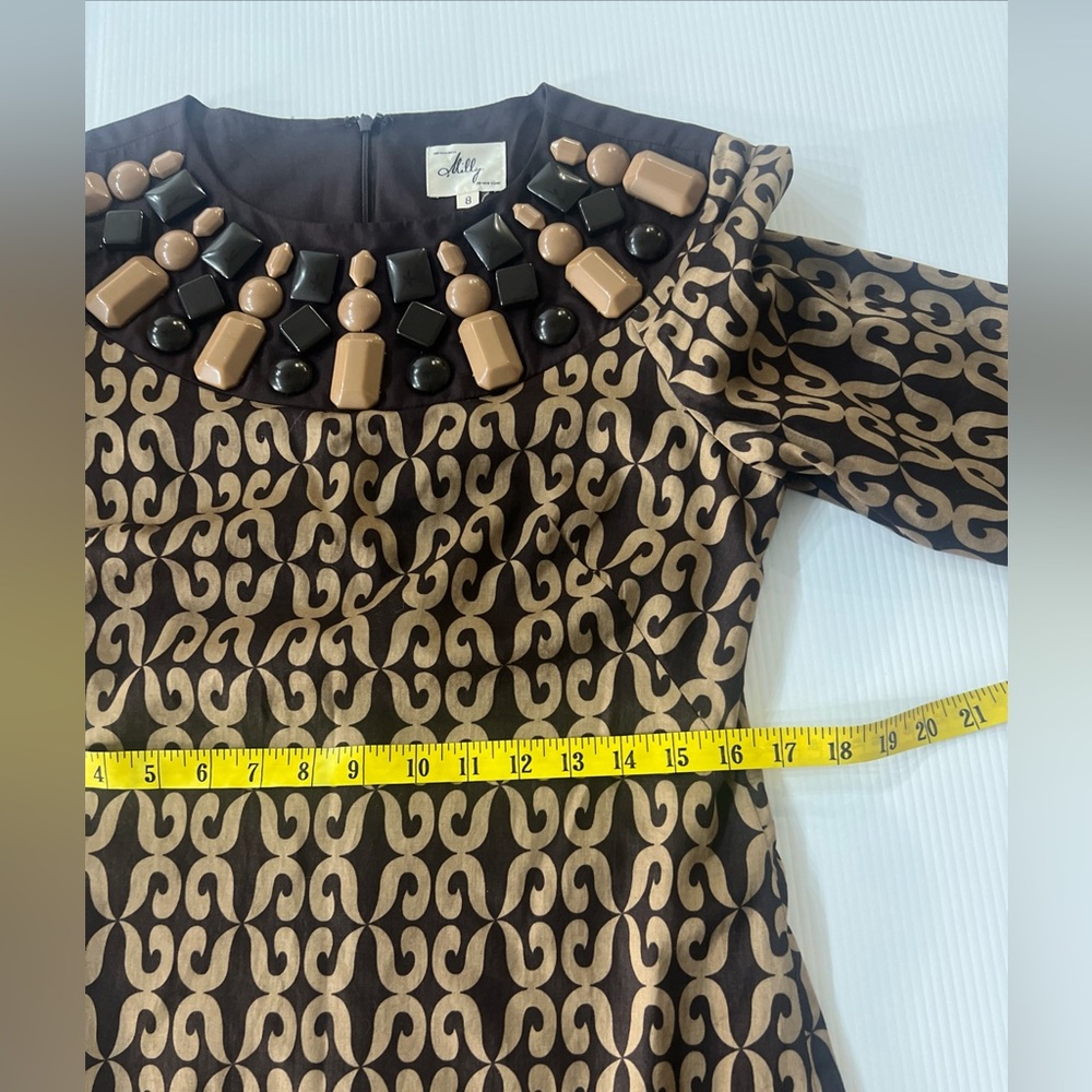 Milly of New York Brown Silk Trim Embellished Neck Dress Sz 8 Statement - Picture 11 of 16